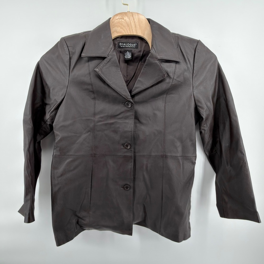 Dialogue Leather Blazer Jacket Womens L Brown Lined Button Front Career Classic